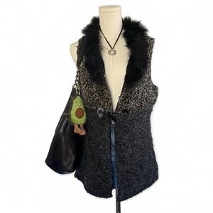 Kaktus Black & Charcoal Faux Fur Collar wool Vest
